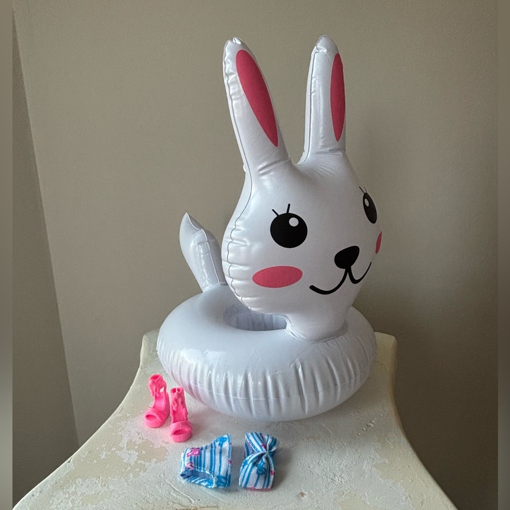 Barbie Doll Two Piece Swimsuit Bikini & Inflatable Bunny Float